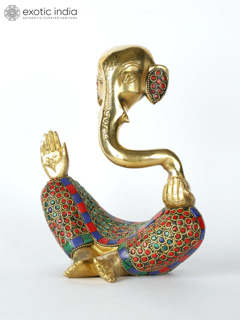8" Stylized Blessing Lord Ganesha | Brass Statue with Inlay Work