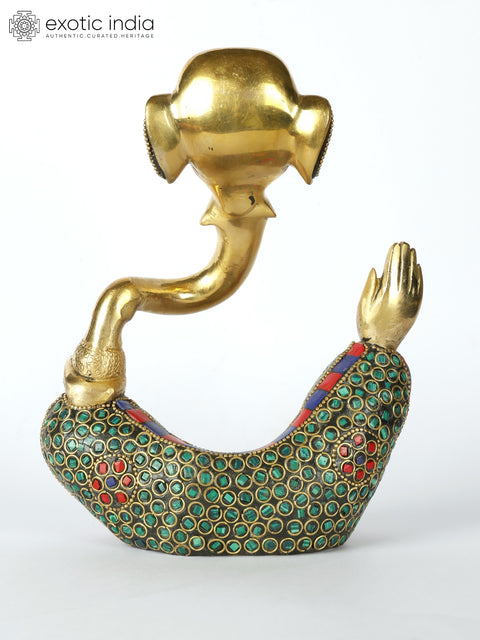 8" Stylized Blessing Lord Ganesha | Brass Statue with Inlay Work