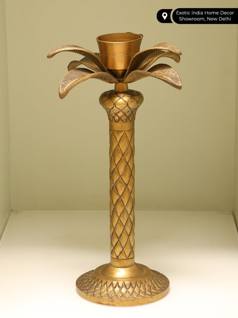 13" Designer Palm Tree Candle Holder | Brass Statue