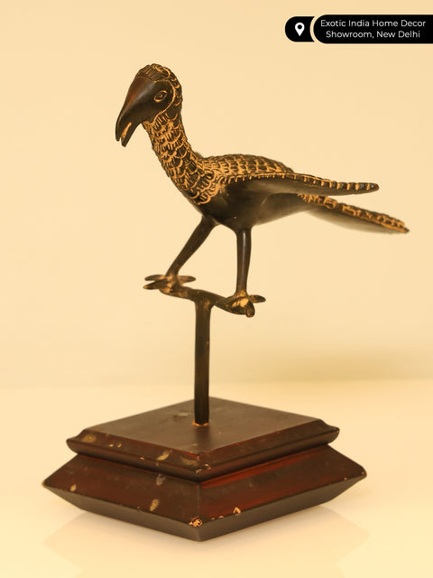 7" Brass Decorative Bird Statue on Wood Base | Table Decor