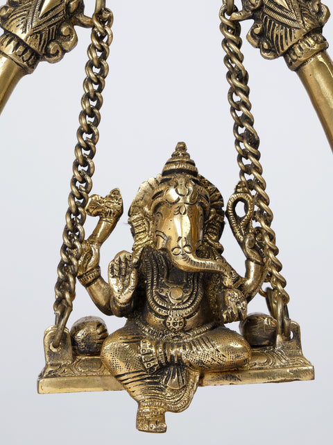 9" Blessing Lord Ganesha on Parrots Design Swing | Brass Statue
