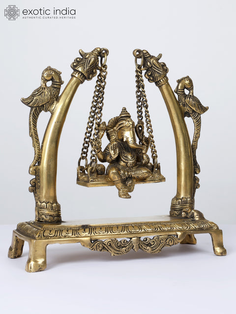 9" Blessing Lord Ganesha on Parrots Design Swing | Brass Statue