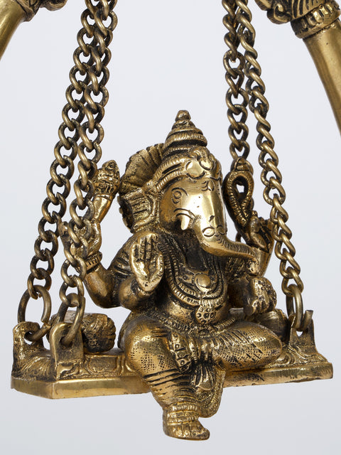 9" Blessing Lord Ganesha on Parrots Design Swing | Brass Statue
