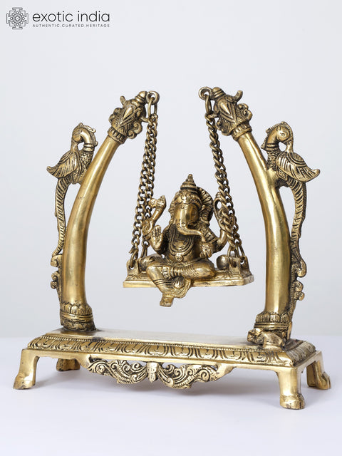 9" Blessing Lord Ganesha on Parrots Design Swing | Brass Statue