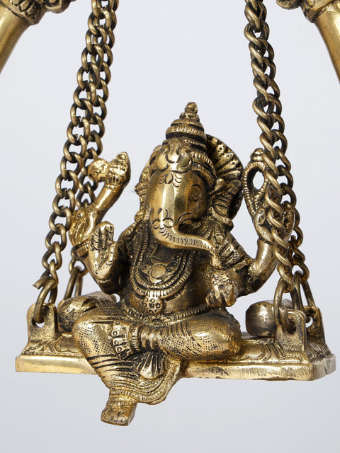 9" Blessing Lord Ganesha on Parrots Design Swing | Brass Statue