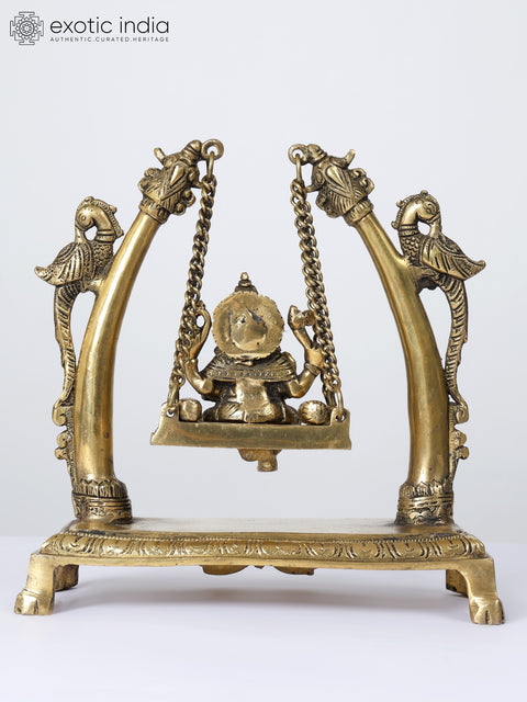 9" Blessing Lord Ganesha on Parrots Design Swing | Brass Statue