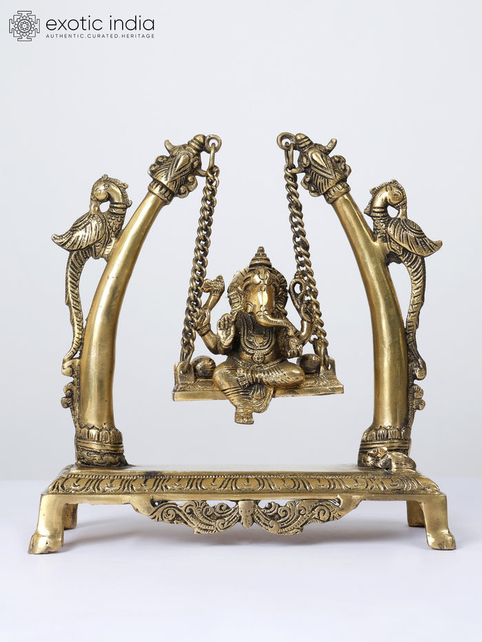 9" Blessing Lord Ganesha on Parrots Swing Brass Statue