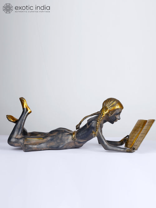 24" Brass Book Reading Girl Statue for Home Decor