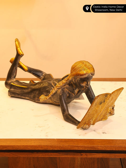 24" Book Reading Girl | Brass Statue | Home Decor
