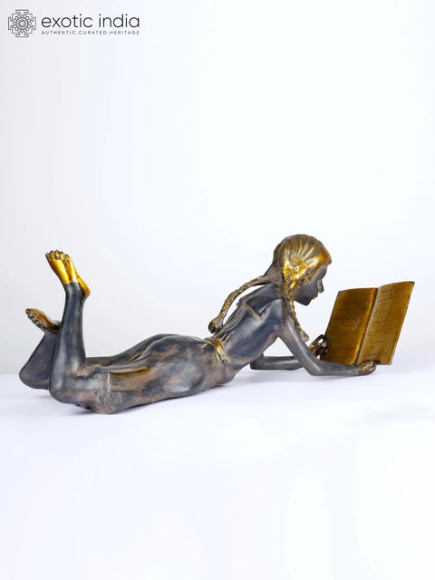 24" Book Reading Girl | Brass Statue | Home Decor