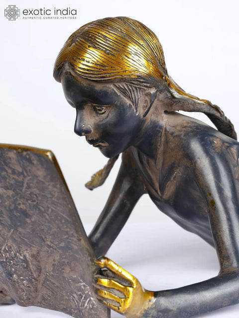 24" Book Reading Girl | Brass Statue | Home Decor
