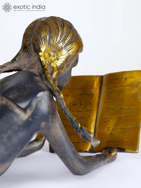 24" Book Reading Girl | Brass Statue | Home Decor