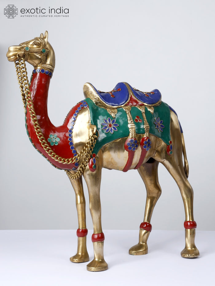 17" Handmade Brass Camel Statue with Colorful Inlay Decoration