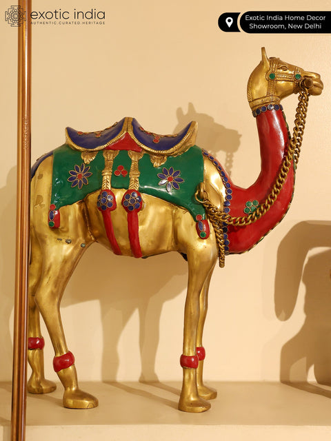 17" Decorative Colorful Camel Statue in Brass with Inlay Work