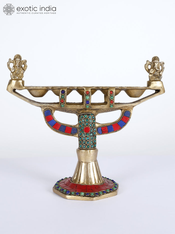 10" Handmade Ganesha Brass Lamp with Inlay Work