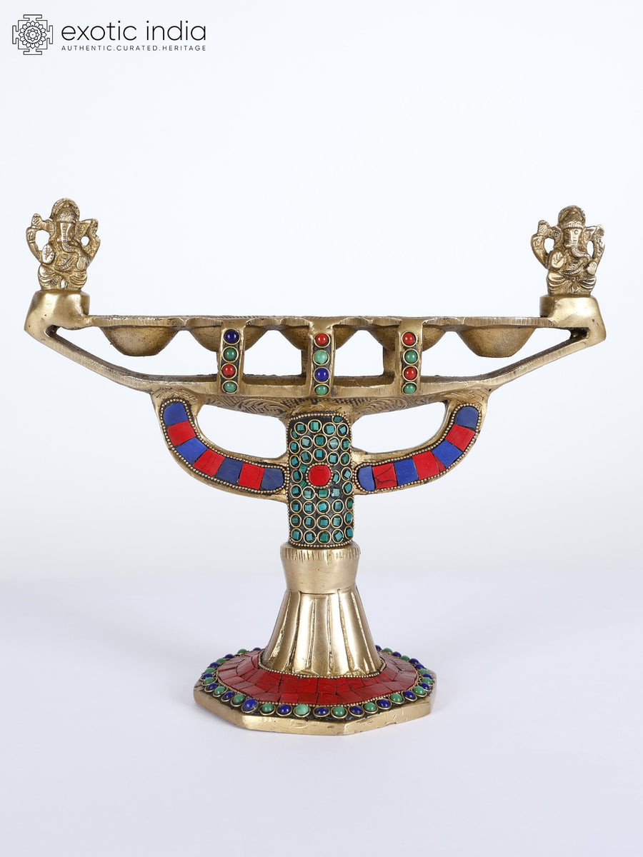 10" Handmade Ganesha Brass Lamp with Inlay Work