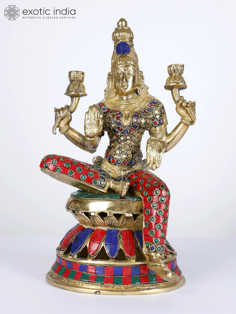 12" Goddess Lakshmi Seated in Lalitasana | Brass Statue with Inaly Work