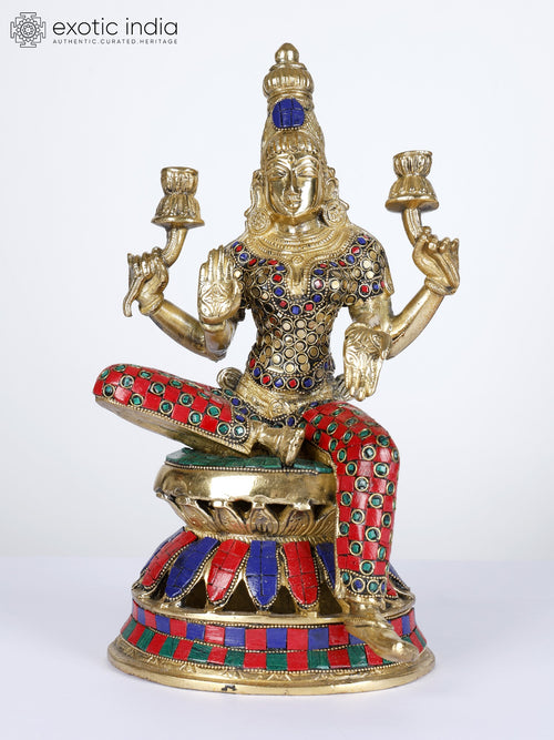 12" Goddess Lakshmi Seated Brass Statue with Inlay Work