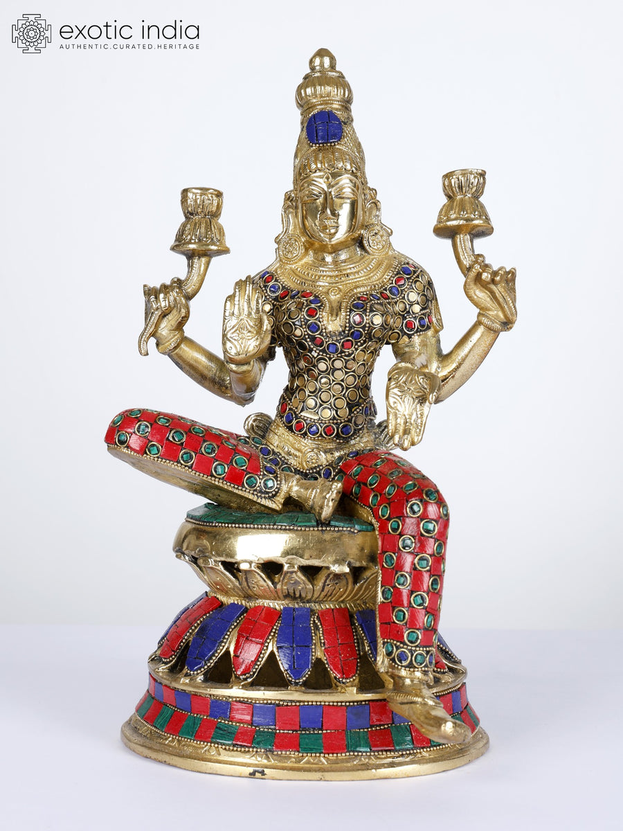 12" Goddess Lakshmi Seated Brass Statue with Inlay Work
