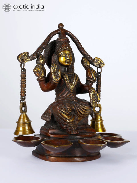8" Brass Goddess Lakshmi Five Wicks Lamp with Bells
