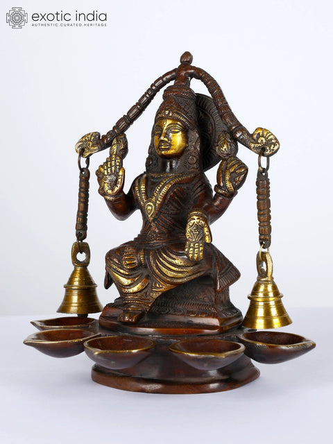 8" Brass Goddess Lakshmi Five Wicks Lamp with Bells