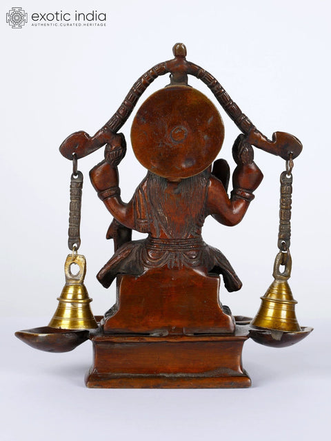 8" Brass Goddess Lakshmi Five Wicks Lamp with Bells
