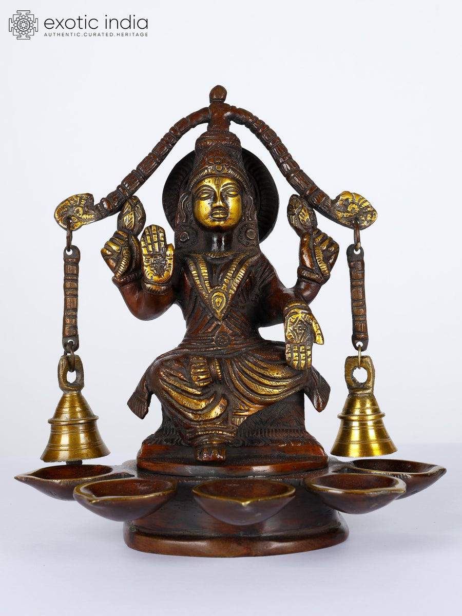 8" Brass Goddess Lakshmi Five Wick Diya Lamp with Bells