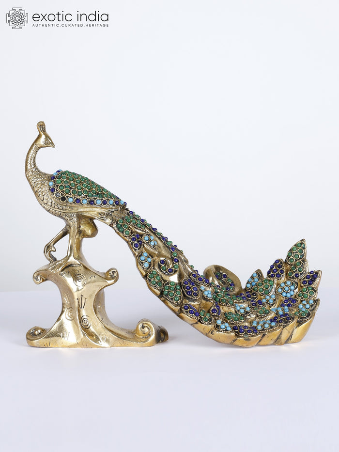 11" Brass Peacock Statue with Inlay Work and Long Tail