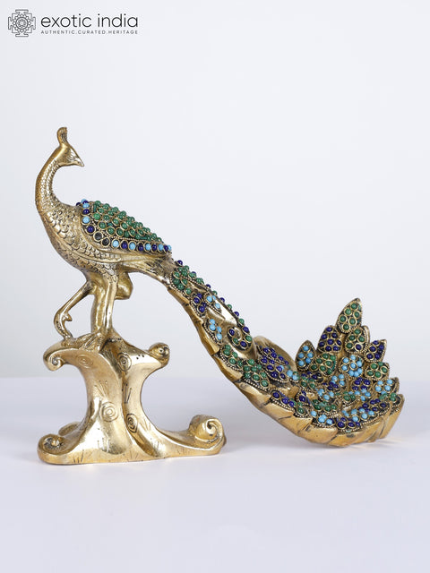 11" Peacock with Beautiful Long Tail | Brass Statue with Inlay Work