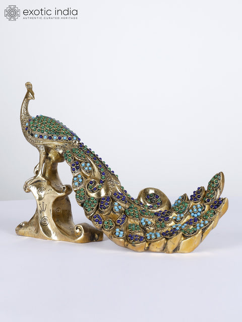 11" Peacock with Beautiful Long Tail | Brass Statue with Inlay Work