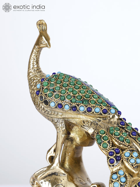 11" Peacock with Beautiful Long Tail | Brass Statue with Inlay Work