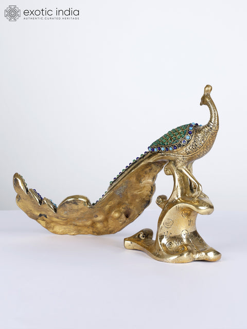 11" Peacock with Beautiful Long Tail | Brass Statue with Inlay Work