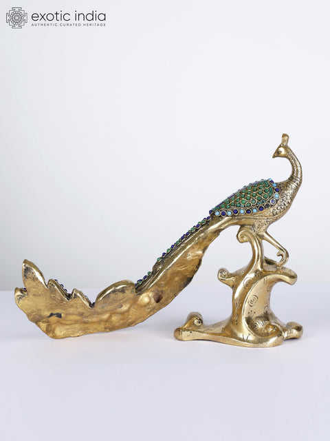 11" Peacock with Beautiful Long Tail | Brass Statue with Inlay Work