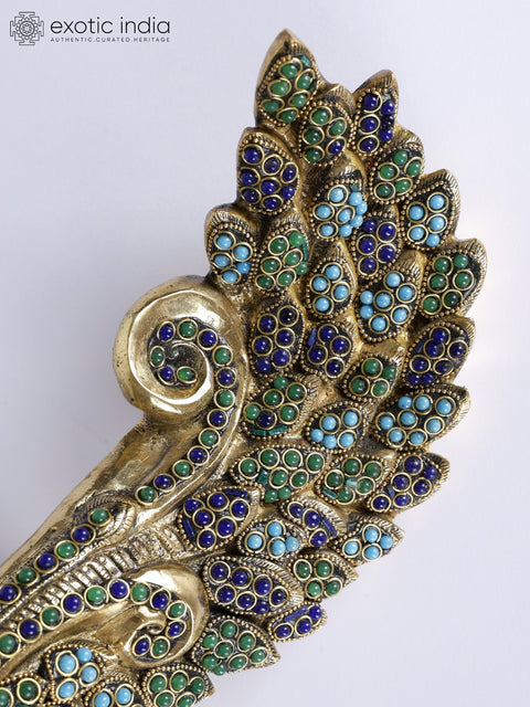 11" Peacock with Beautiful Long Tail | Brass Statue with Inlay Work