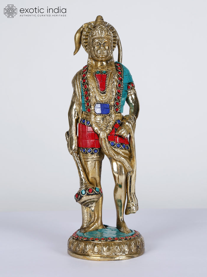 10" Standing Lord Hanuman Brass Statue with Inlay Work