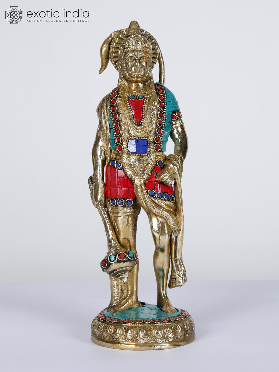 10" Standing Lord Hanuman Brass Statue with Inlay Work