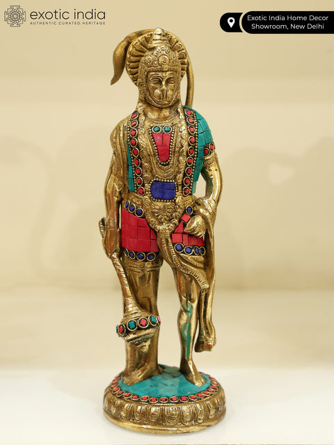 10" Standing Lord Hanuman | Brass Statue with Inlay Work