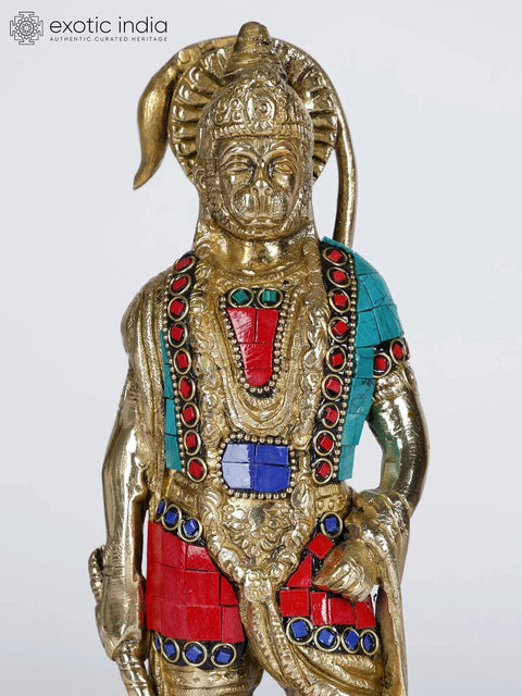 10" Standing Lord Hanuman | Brass Statue with Inlay Work