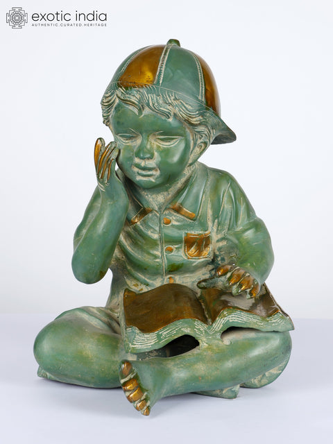12" Cute Boy Reading a Book | Brass Statue
