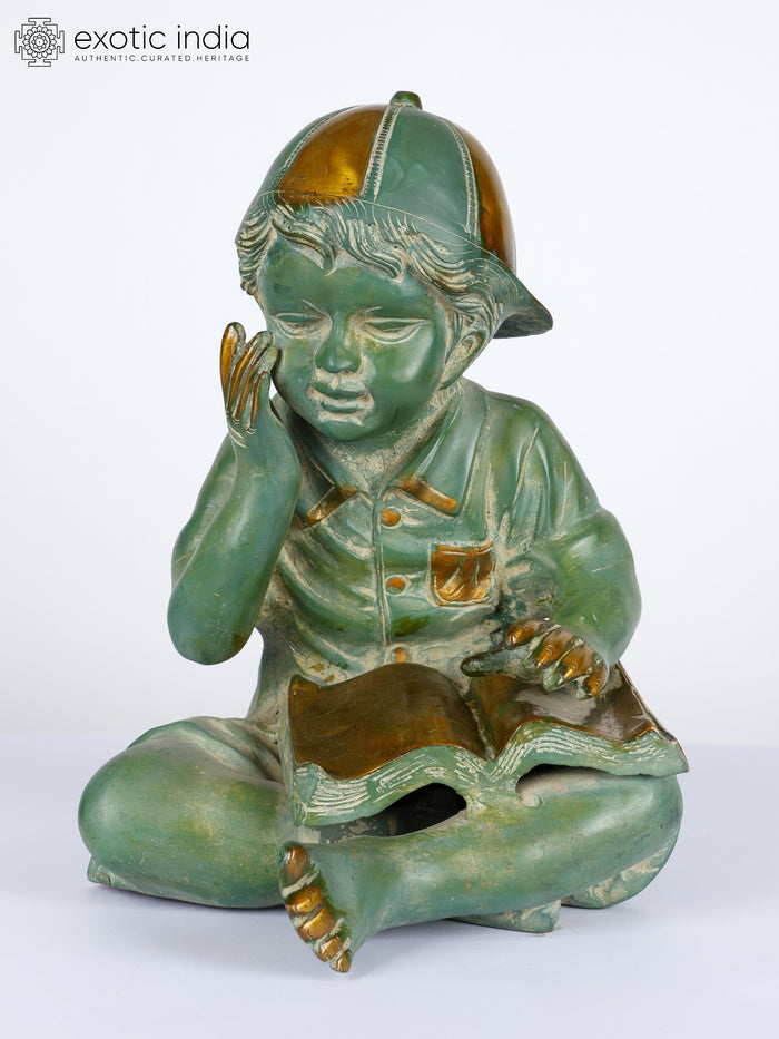 12" Cute Boy Reading Book Brass Statue for Home Decor
