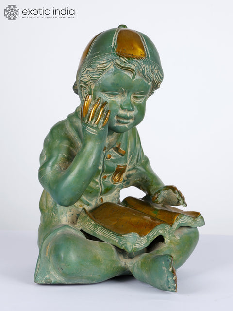 12" Cute Boy Reading a Book | Brass Statue