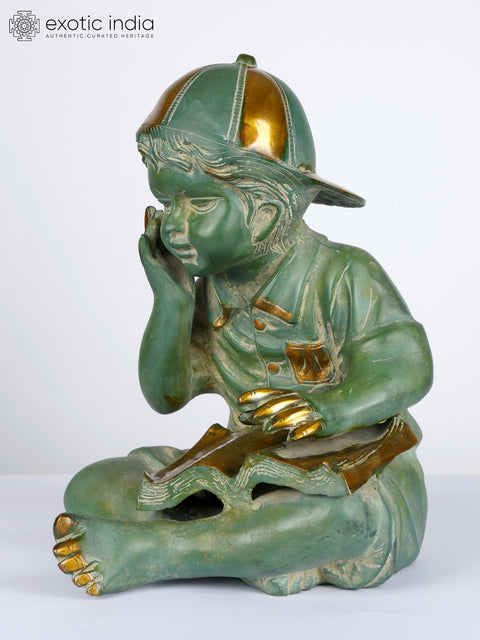 12" Cute Boy Reading a Book | Brass Statue