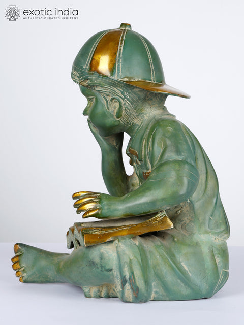 12" Cute Boy Reading a Book | Brass Statue