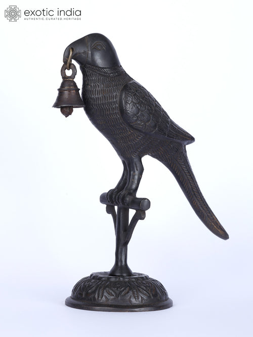 9" Black Parrot with Bell Brass Statue for Home Decor