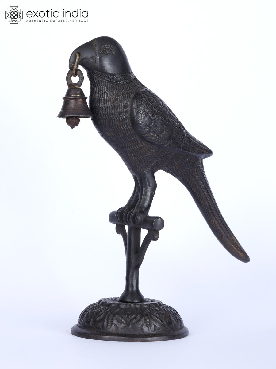 9" Black Parrot with Bell Brass Statue for Home Decor