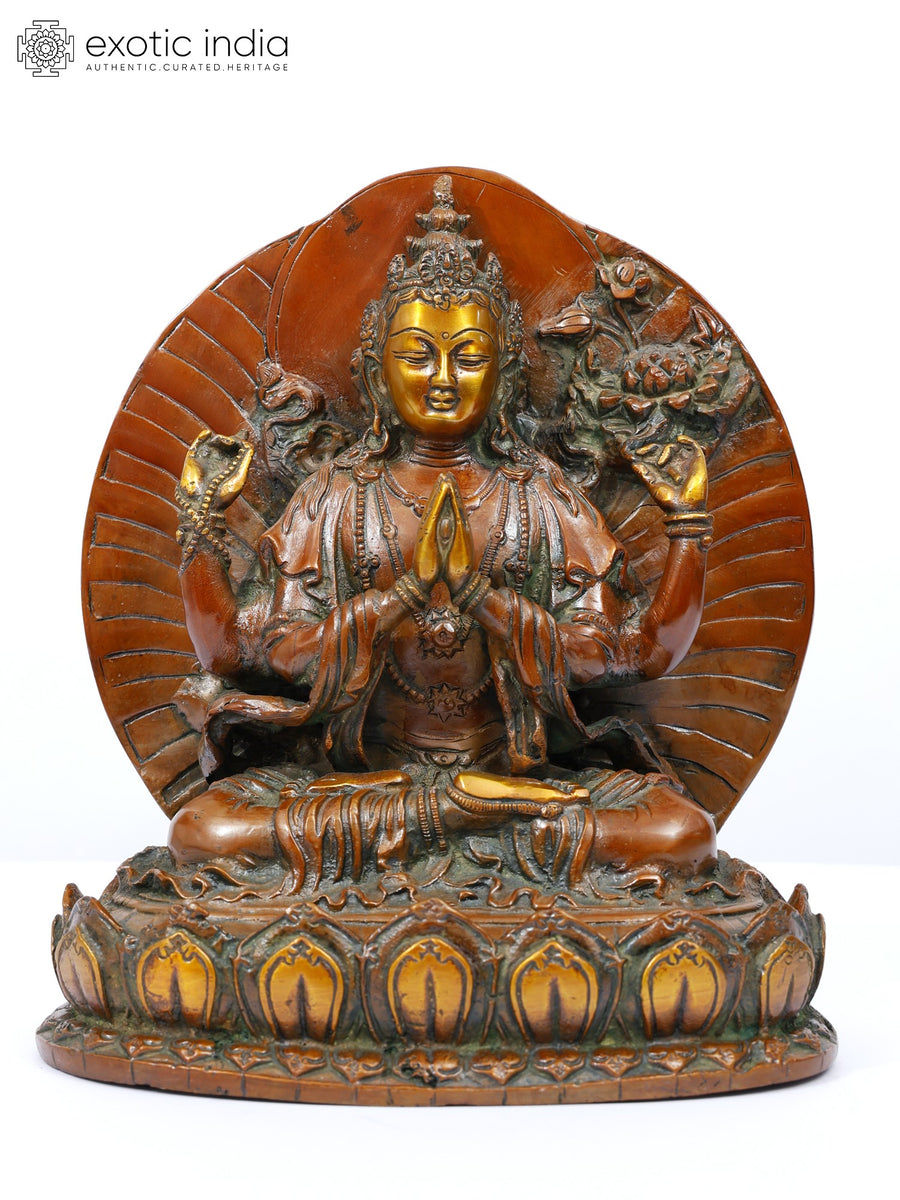 9" Four Armed Chenrezig Avalokiteshvara Brass Statue