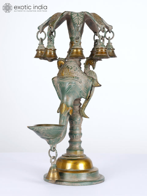 12" Brass Ganesha Lamp with Bells | Ritual Item