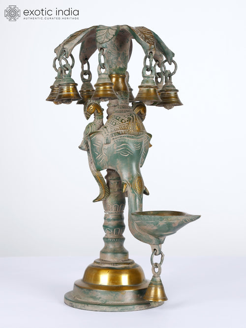 12" Brass Ganesha Lamp with Bells for Pooja