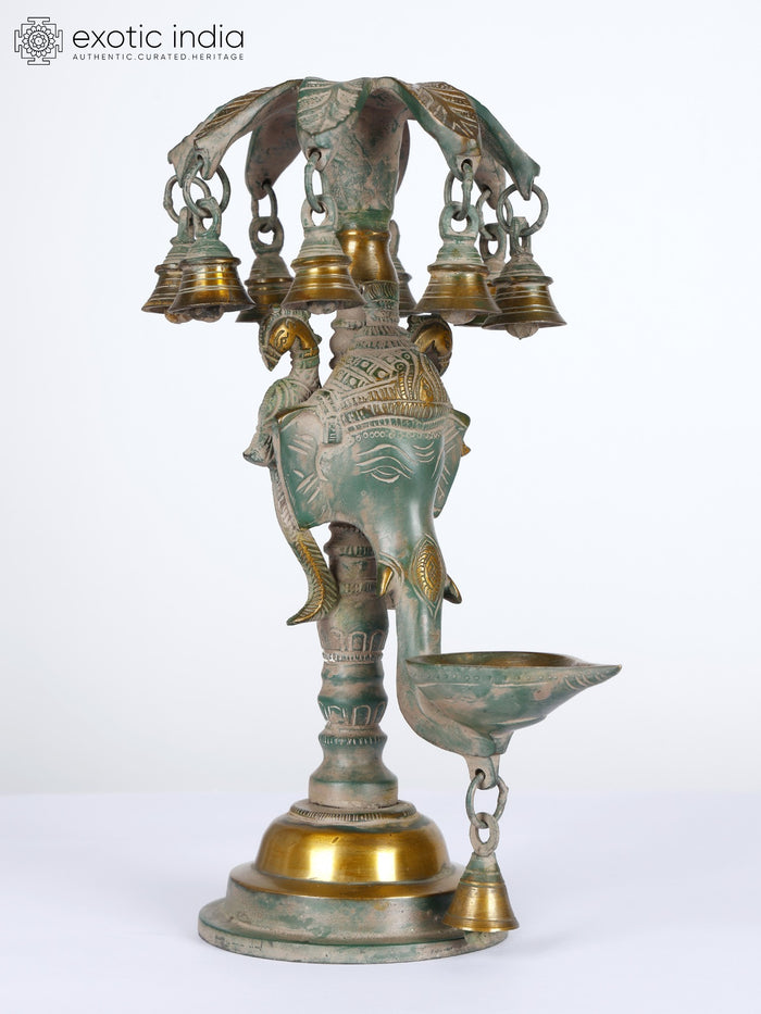 12" Brass Ganesha Lamp with Bells for Pooja