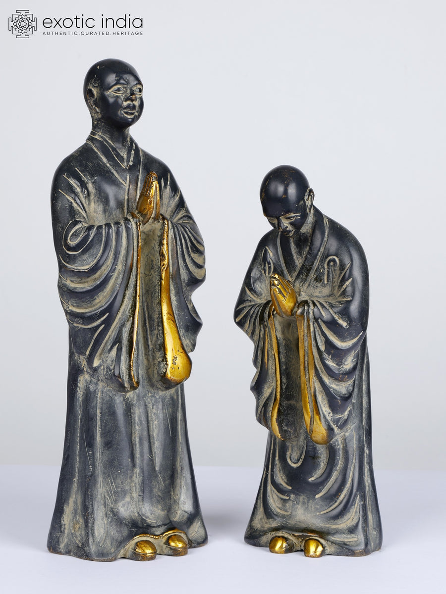 12" Handmade Monk Master and Bowing Disciple Brass Statue Set